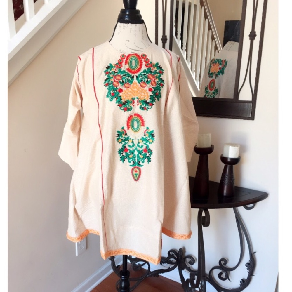 Light Peach or Cream Embroidered Tunic Top Blouse